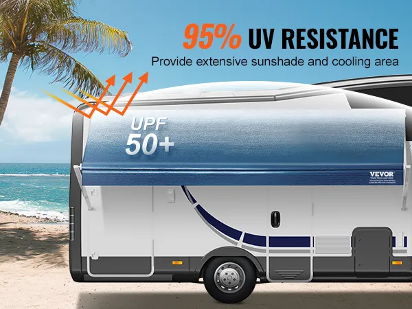 RV con reemplazo de toldo VEVOR RV, 95% de resistencia a los rayos UV, fondo de playa y palmeras.