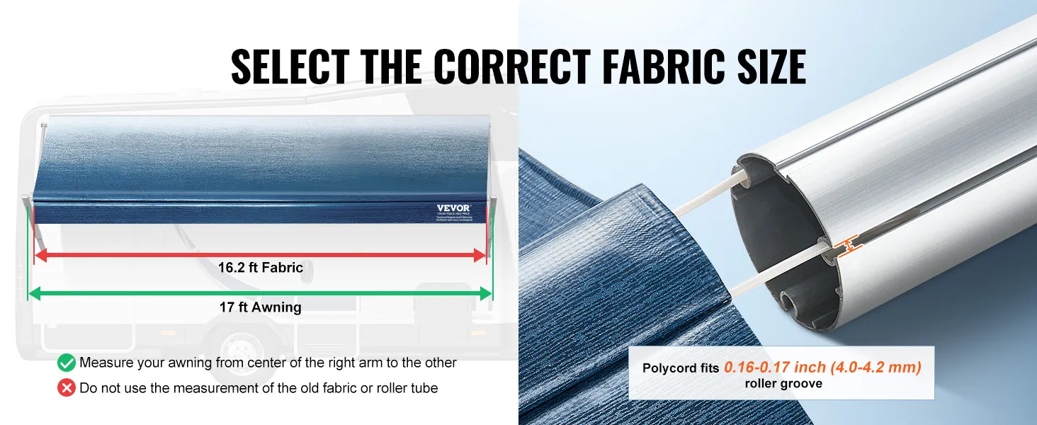 VEVOR rv awning fabric replacement, measure for correct size, 16.2 ft fabric for 17 ft awning.