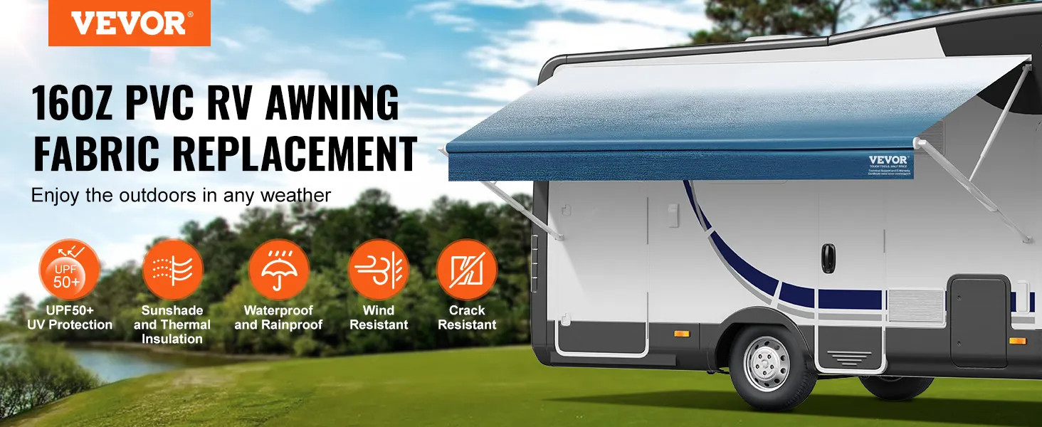 VEVOR rv awning fabric replacement: upf50+, waterproof, wind and crack resistant for outdoor use.