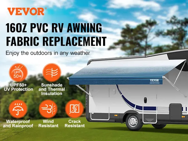 VEVOR rv awning fabric replacement features 16oz pvc, upf 50+, waterproof, wind and crack resistant.