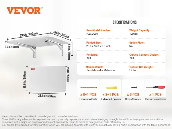 VEVOR folding wall table with specifications, dimensions, and included installation hardware.