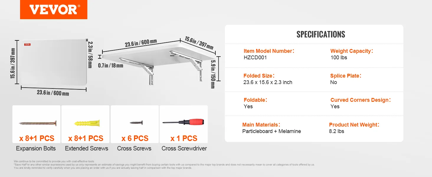 VEVOR folding wall table with specifications, dimensions, and included installation hardware.