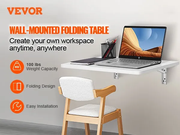VEVOR folding wall table with laptop, notepad, pen holder, simple work setup. 100 lbs capacity.