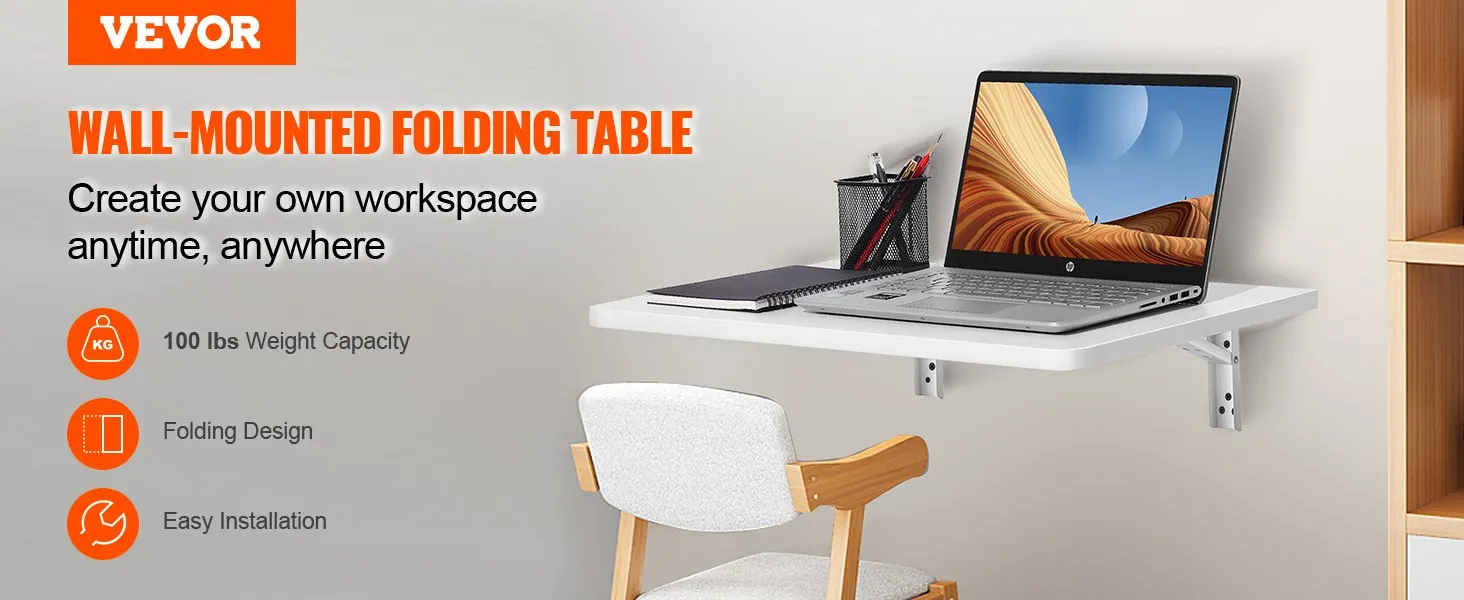 VEVOR folding wall table with laptop, notepad, pen holder, simple work setup. 100 lbs capacity.
