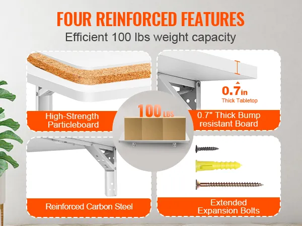 four reinforced features of VEVOR folding wall table: high-strength particleboard