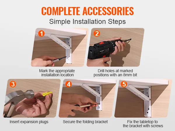 installation steps for VEVOR folding wall table with durable particleboard desktop and melamine surface.