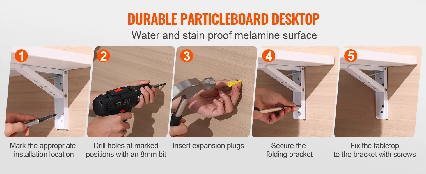 installation steps for VEVOR folding wall table with durable particleboard desktop and melamine surface.