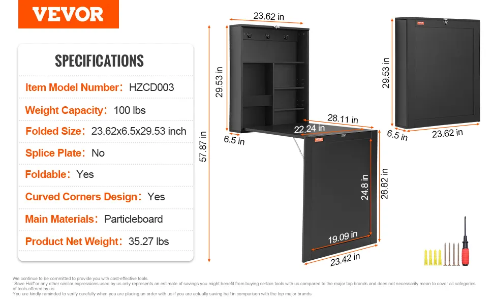 VEVOR wall mounted desk specifications with dimensions, weight capacity, foldable design, and included tools.