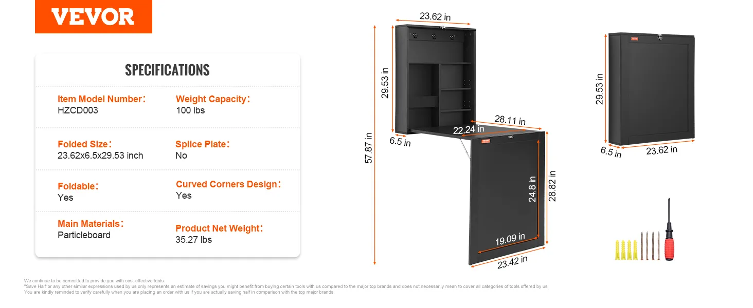 VEVOR wall mounted desk specifications with dimensions, weight capacity, foldable design, and included tools.