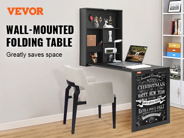 VEVOR wall mounted desk with shelves, workstation setup, folding table, and white chair in a modern room.