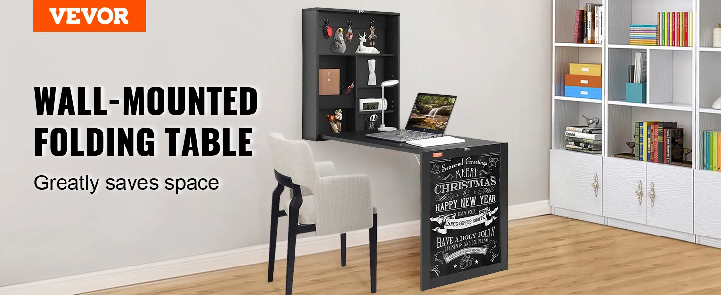 VEVOR wall mounted desk with shelves, workstation setup, folding table, and white chair in a modern room.