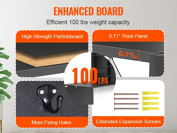 VEVOR wall mounted desk with enhanced board, 0.71” thick panel, 100 lbs weight capacity.