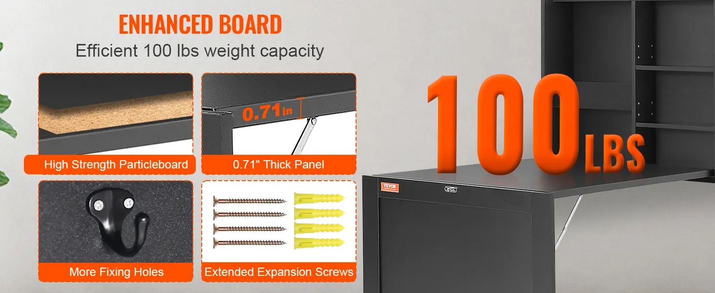 VEVOR wall mounted desk with enhanced board, 0.71” thick panel, 100 lbs weight capacity.