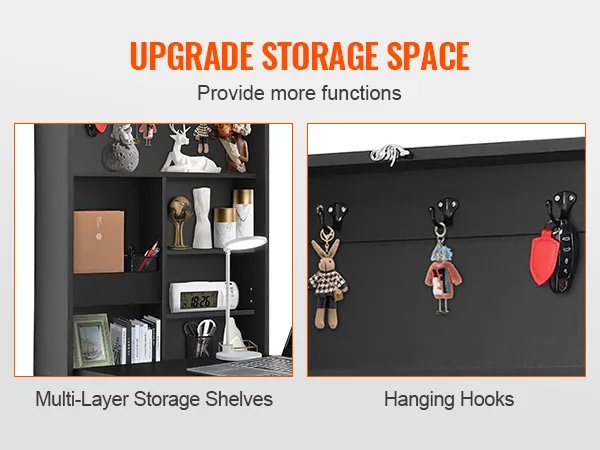 VEVOR wall mounted desk with multi-layer storage shelves, hanging hooks, and workspace in a modern room.
