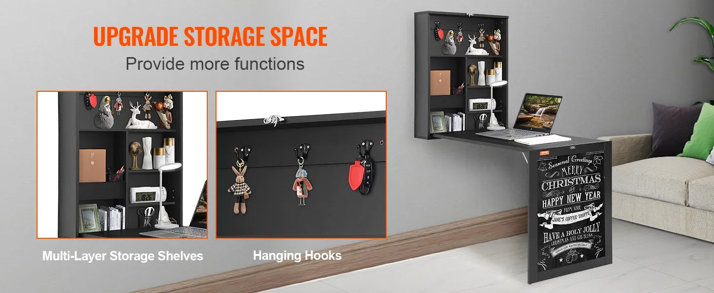 VEVOR wall mounted desk with multi-layer storage shelves, hanging hooks, and workspace in a modern room.
