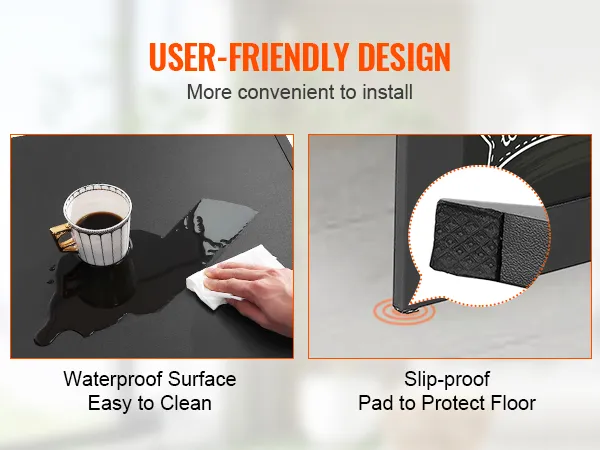waterproof surface with coffee spill, wipe cleaning, and slip-proof pad under VEVOR wall mounted desk.