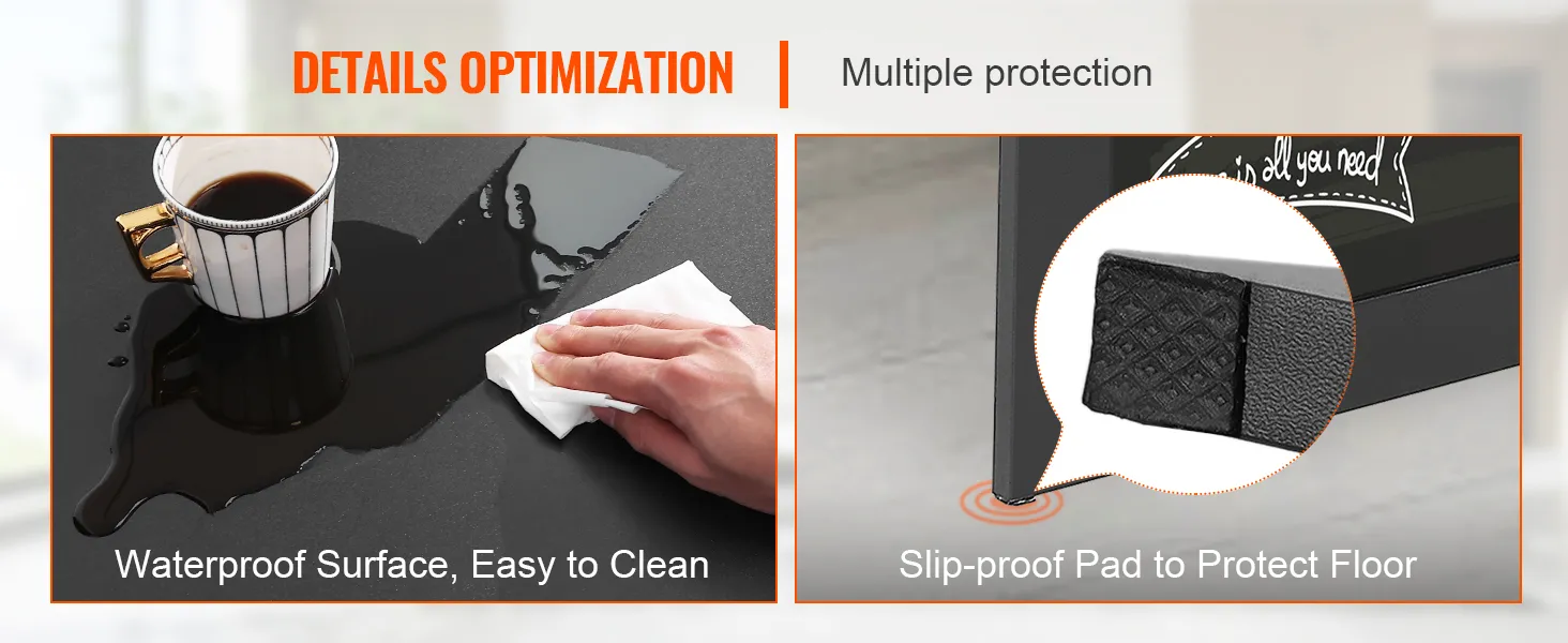 waterproof surface with coffee spill, wipe cleaning, and slip-proof pad under VEVOR wall mounted desk.