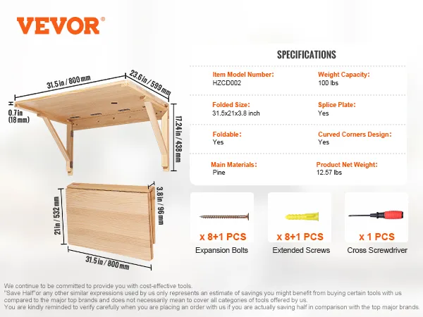 VEVOR wall mounted folding table, pine, 31.5x21x3.8 inch, 100 lbs capacity, foldable with curved corners.