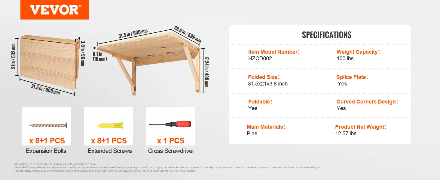 VEVOR wall mounted folding table, pine, 31.5x21x3.8 inch, 100 lbs capacity, foldable with curved corners.