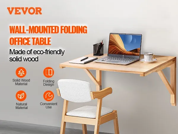 VEVOR wall-mounted folding office table, eco-friendly solid wood with laptop and coffee cup.