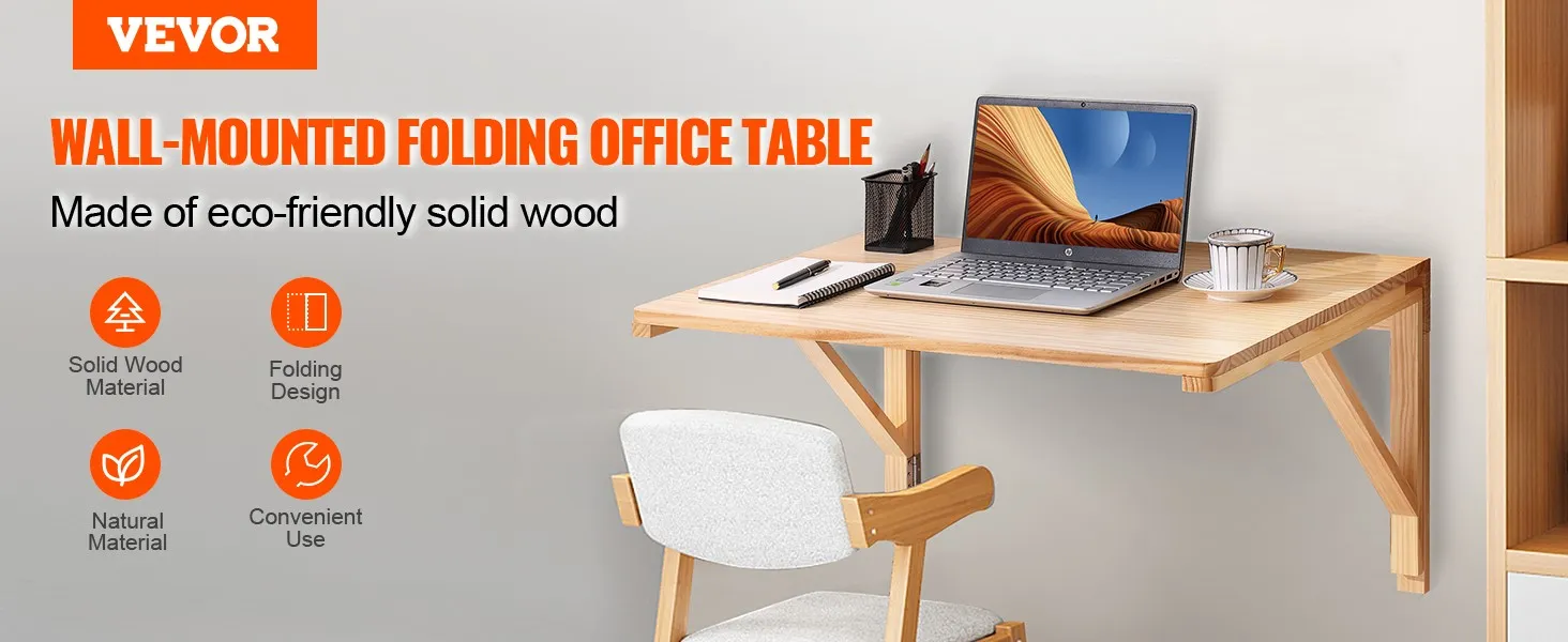 VEVOR wall-mounted folding office table, eco-friendly solid wood with laptop and coffee cup.