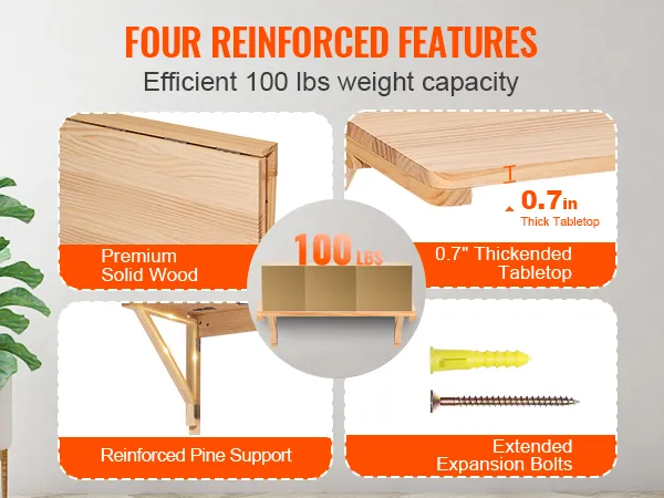 VEVOR wall mounted folding table, premium solid wood, 0.7" thickness, reinforced support, 100 lbs capacity.