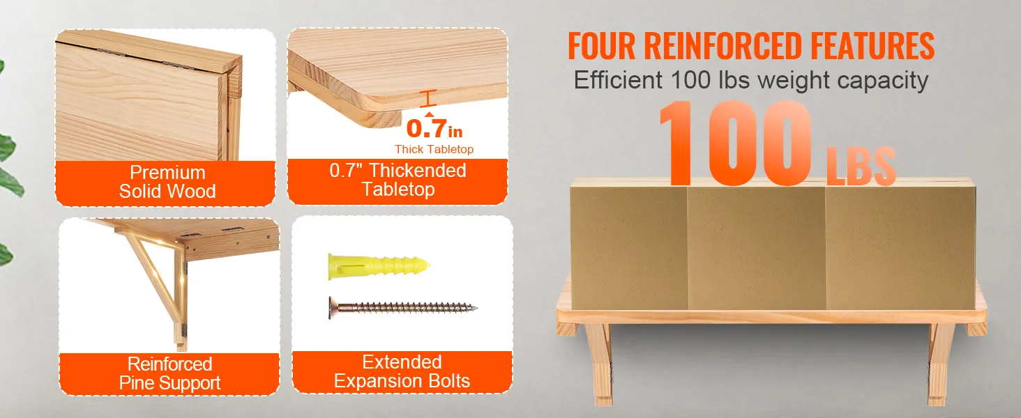 VEVOR wall mounted folding table, premium solid wood, 0.7" thickness, reinforced support, 100 lbs capacity.