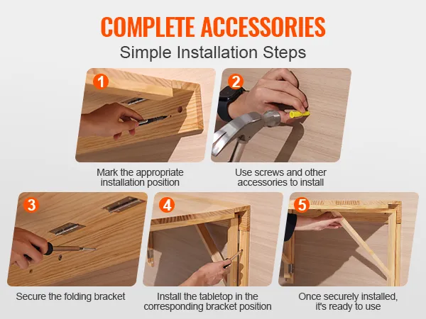 VEVOR wall mounted folding table, step-by-step installation guide, marking, screwing, securing, folding, ready to use.