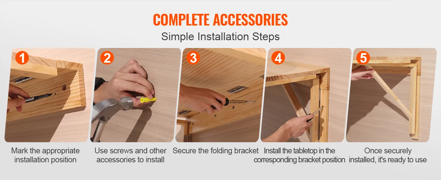 VEVOR wall mounted folding table, step-by-step installation guide, marking, screwing, securing, folding, ready to use.