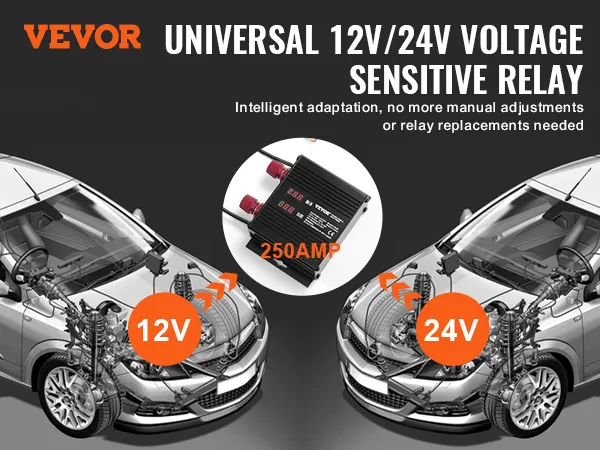 VEVOR battery isolator, universal 12v/24v voltage sensitive relay, 250amp. featuring intelligent adaptation.
