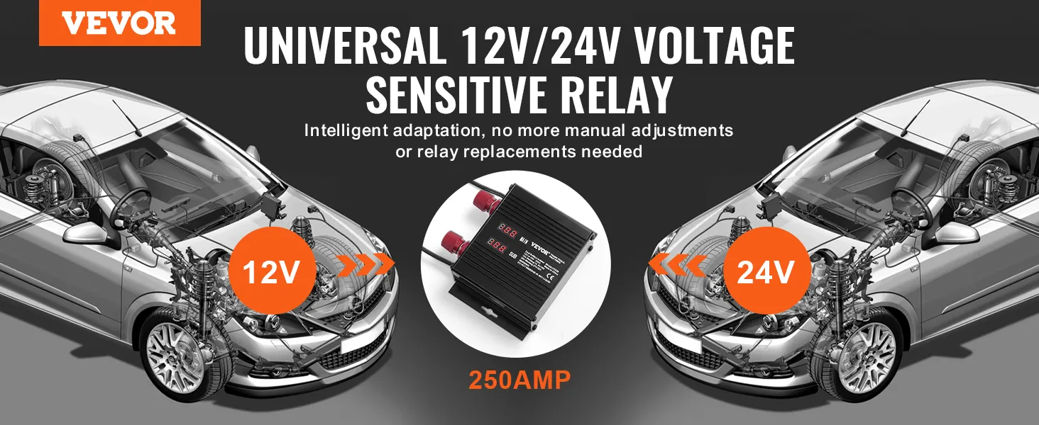 VEVOR battery isolator, universal 12v/24v voltage sensitive relay, 250amp. featuring intelligent adaptation.