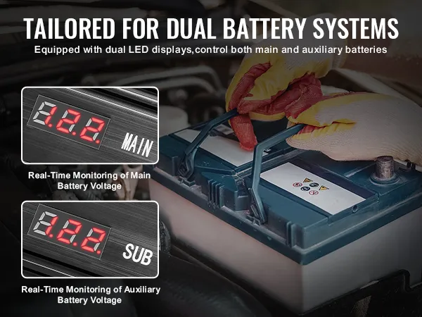 dual battery system with VEVOR battery isolator, featuring dual led displays for monitoring voltage.