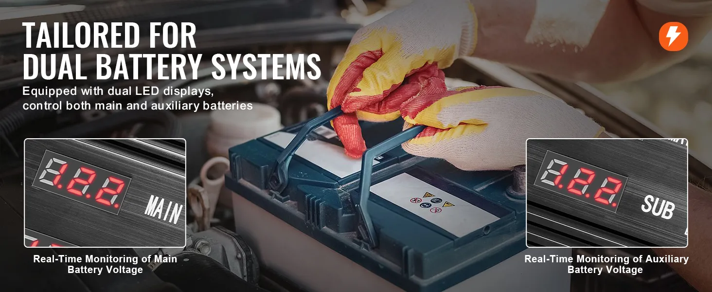 dual battery system with VEVOR battery isolator, featuring dual led displays for monitoring voltage.