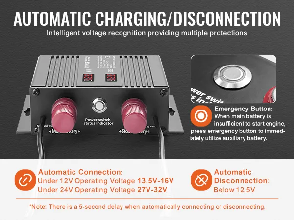 VEVOR battery isolator with automatic charging/disconnection, voltage display, and emergency button.