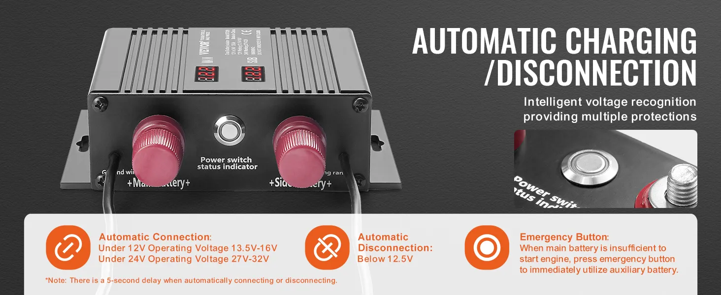 VEVOR battery isolator with automatic charging/disconnection, voltage display, and emergency button.