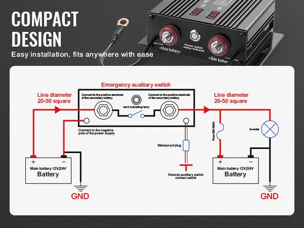 VEVOR battery isolator with dual battery connection diagram, compact design, and easy installation.