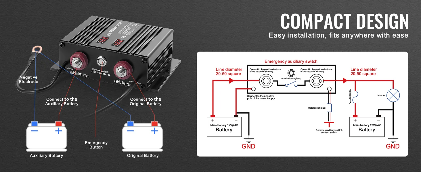 VEVOR battery isolator with dual battery connection diagram, compact design, and easy installation.