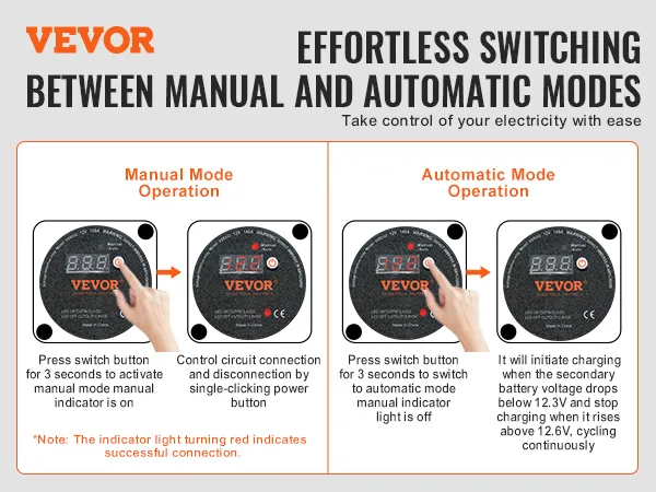 VEVOR dual battery isolator kit: manual and automatic mode operation guide by pressing the switch button.