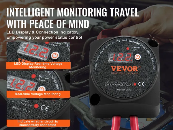 VEVOR dual battery isolator kit with led display and real-time voltage monitoring for power status control.