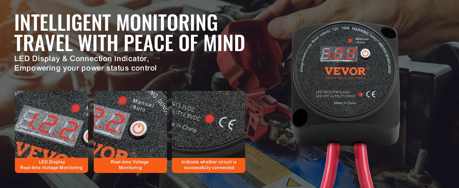 VEVOR dual battery isolator kit with led display and real-time voltage monitoring for power status control.