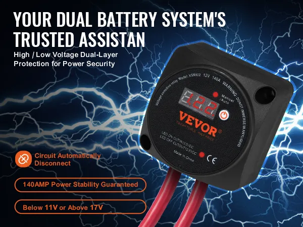 VEVOR dual battery isolator kit with led display, voltage protection, and automatic circuit disconnect.