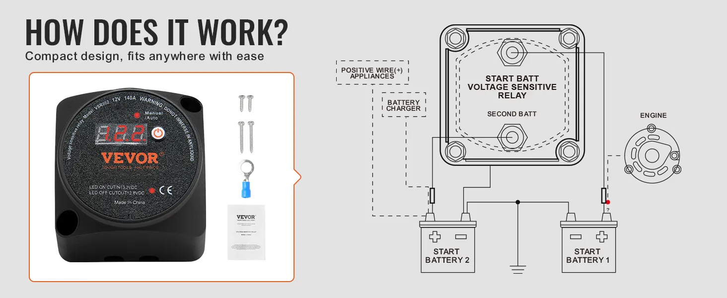 VEVOR dual battery isolator kit diagram demonstrating installation and components for ease of use.