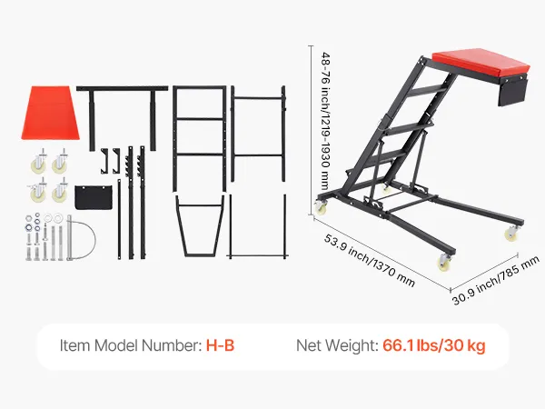 VEVOR automotive top creeper parts laid out with dimensions and specifications. item model h-b.