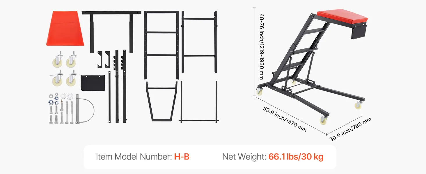 VEVOR automotive top creeper parts laid out with dimensions and specifications. item model h-b.