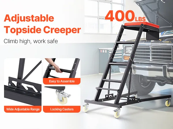 VEVOR automotive top creeper beside a car with hood open, features adjustable range and locking casters.