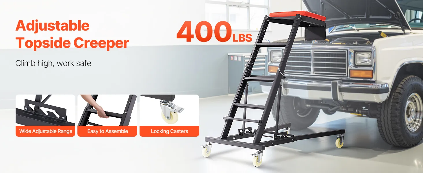 VEVOR automotive top creeper beside a car with hood open, features adjustable range and locking casters.