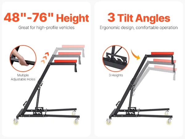VEVOR automotive top creeper with 76" max height, 3 tilt angles, and multiple adjustable holes.