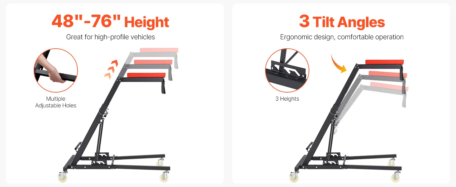 VEVOR automotive top creeper with 76" max height, 3 tilt angles, and multiple adjustable holes.