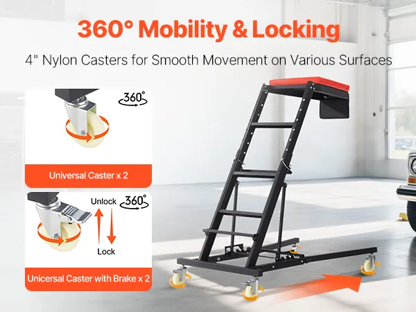 VEVOR automotive top creeper with 4-inch nylon casters, universal and locking, next to a white suv.