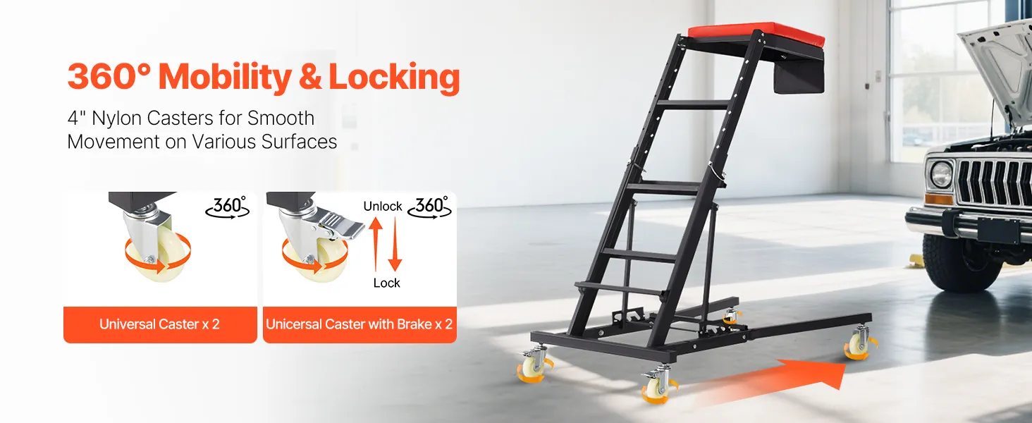 VEVOR automotive top creeper with 4-inch nylon casters, universal and locking, next to a white suv.